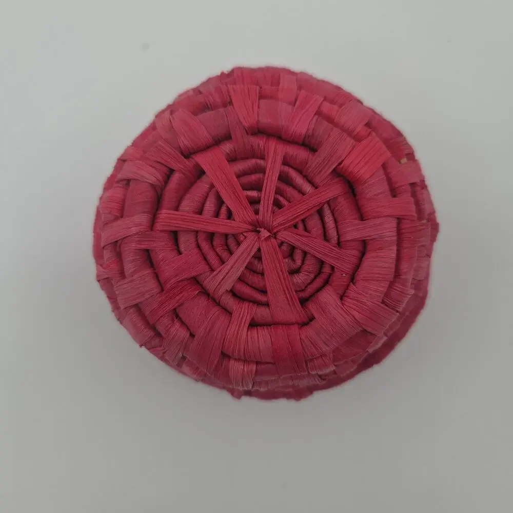Small Strawberry Basket Handwoven Lidded Trinket Box Pink Green Boho Cottagecore